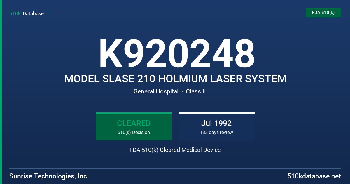 K920248 MODEL SLASE 210 HOLMIUM LASER SYSTEM FDA 510(k) Cleared Medical Device