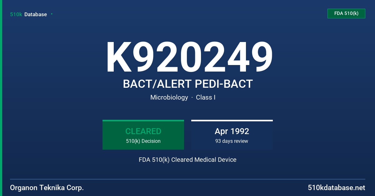 K920249 BACT/ALERT PEDI-BACT FDA 510(k) Cleared Medical Device