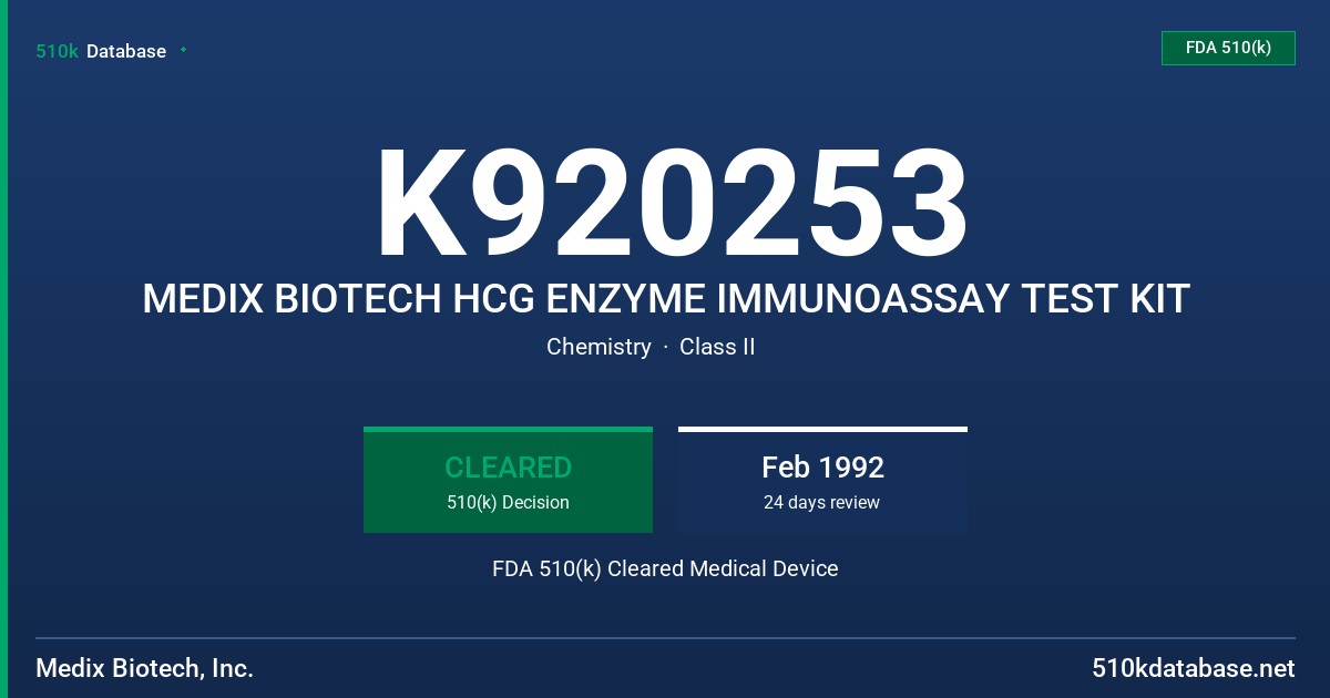K920253 MEDIX BIOTECH HCG ENZYME IMMUNOASSAY TEST KIT FDA 510(k) Cleared Medical Device