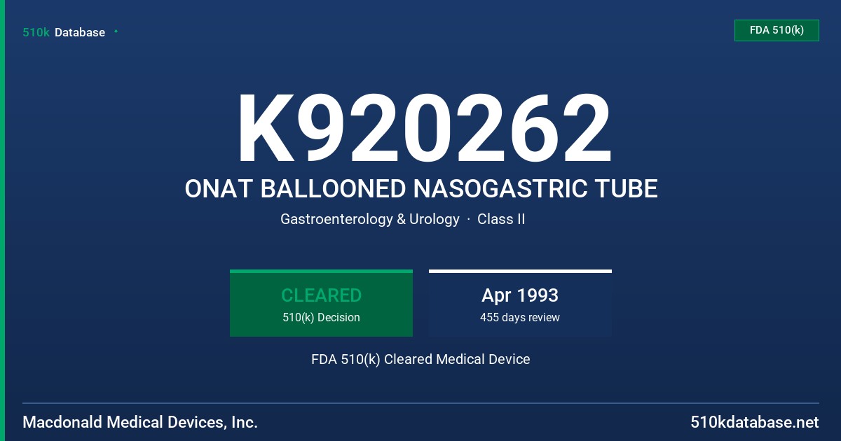 K920262 ONAT BALLOONED NASOGASTRIC TUBE FDA 510(k) Cleared Medical Device