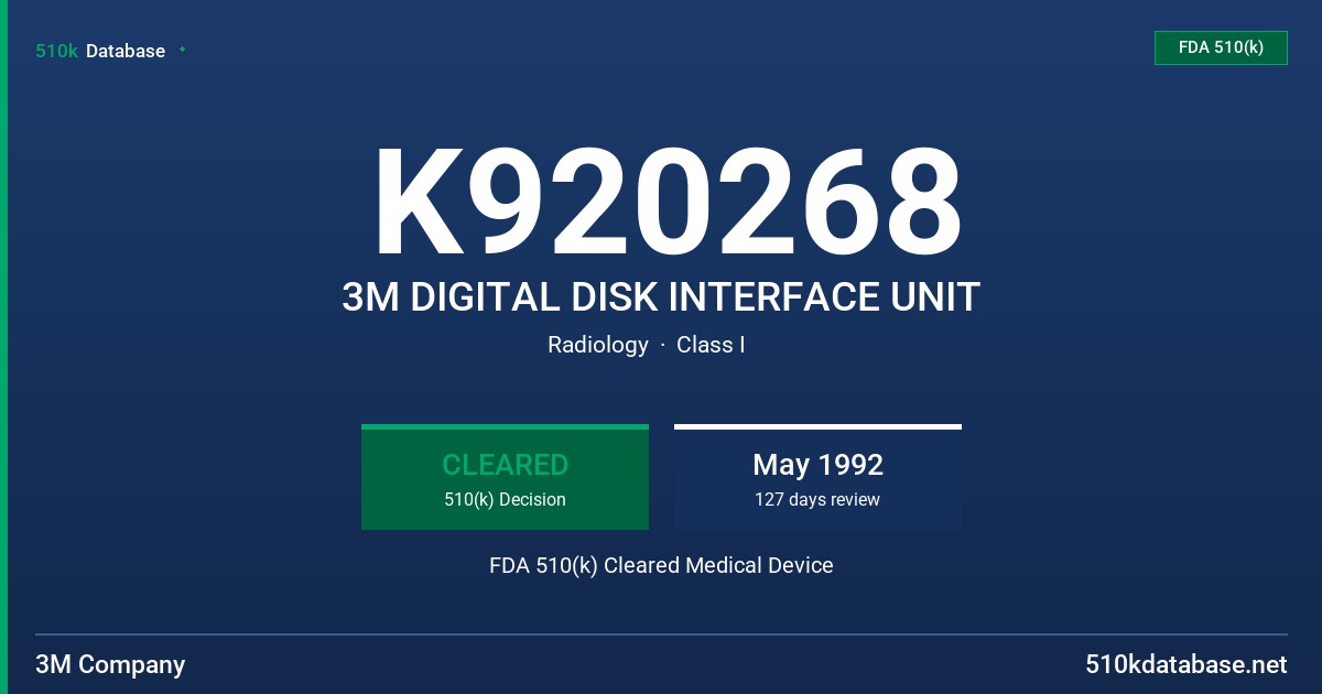 K920268 3M DIGITAL DISK INTERFACE UNIT FDA 510(k) Cleared Medical Device