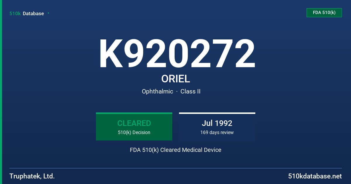 K920272 ORIEL FDA 510(k) Cleared Medical Device