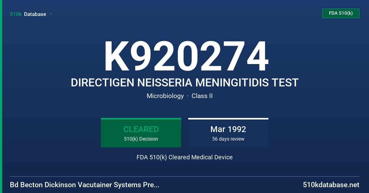 K920274 DIRECTIGEN NEISSERIA MENINGITIDIS TEST FDA 510(k) Cleared Medical Device