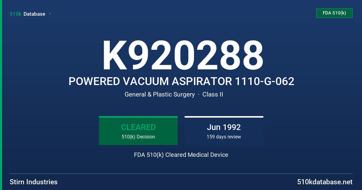 K920288 POWERED VACUUM ASPIRATOR 1110-G-062 FDA 510(k) Cleared Medical Device