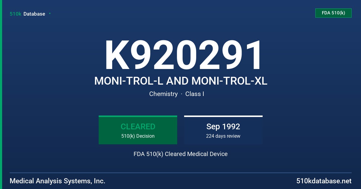 K920291 MONI-TROL-L AND MONI-TROL-XL FDA 510(k) Cleared Medical Device