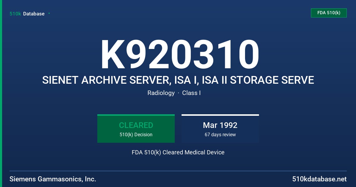 K920310 SIENET ARCHIVE SERVER, ISA I, ISA II STORAGE SERVE FDA 510(k) Cleared Medical Device