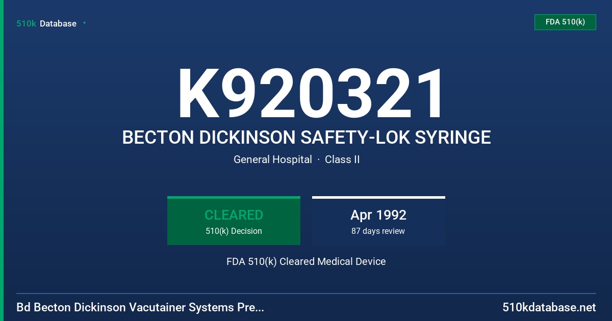 K920321 BECTON DICKINSON SAFETY-LOK SYRINGE FDA 510(k) Cleared Medical Device