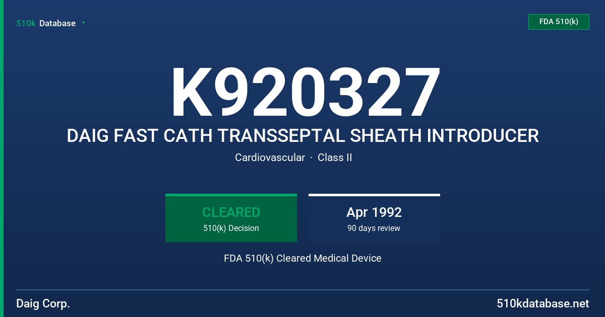 K920327 DAIG FAST CATH TRANSSEPTAL SHEATH INTRODUCER FDA 510(k) Cleared Medical Device