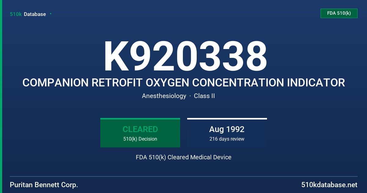 K920338 COMPANION RETROFIT OXYGEN CONCENTRATION INDICATOR FDA 510(k) Cleared Medical Device