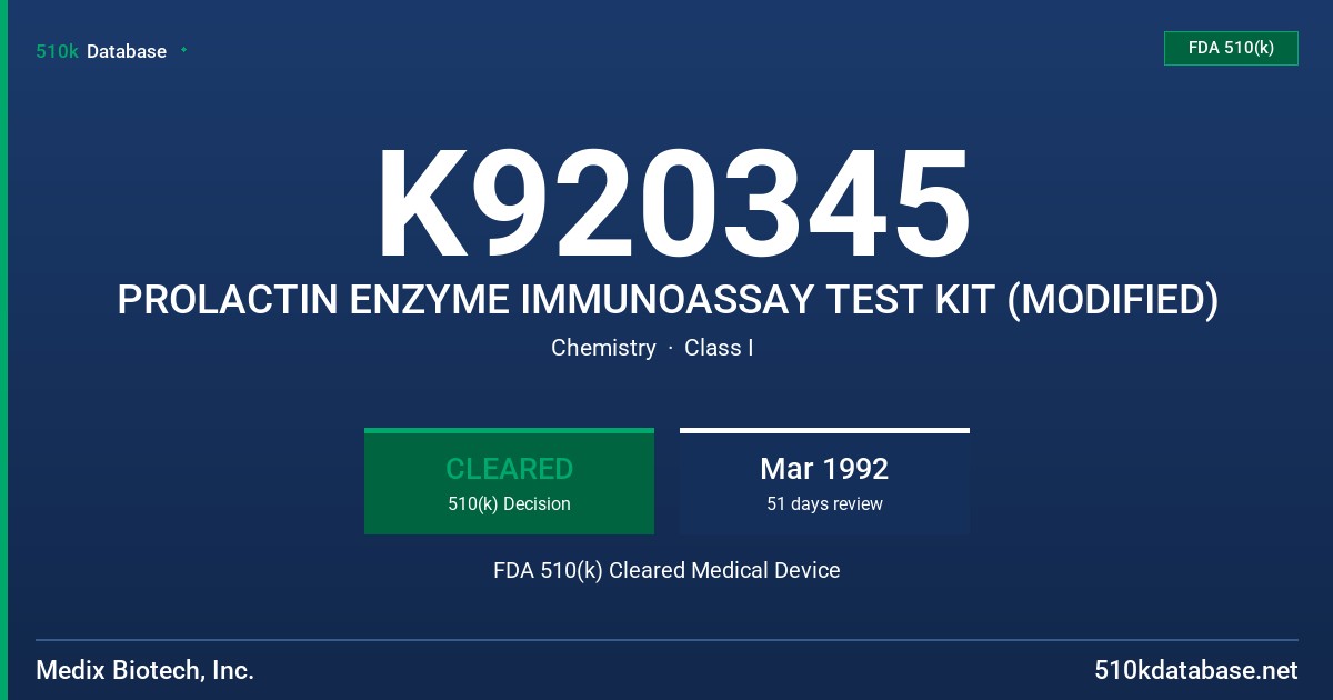 K920345 PROLACTIN ENZYME IMMUNOASSAY TEST KIT (MODIFIED) FDA 510(k) Cleared Medical Device