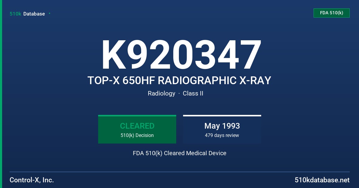 K920347 TOP-X 650HF RADIOGRAPHIC X-RAY FDA 510(k) Cleared Medical Device