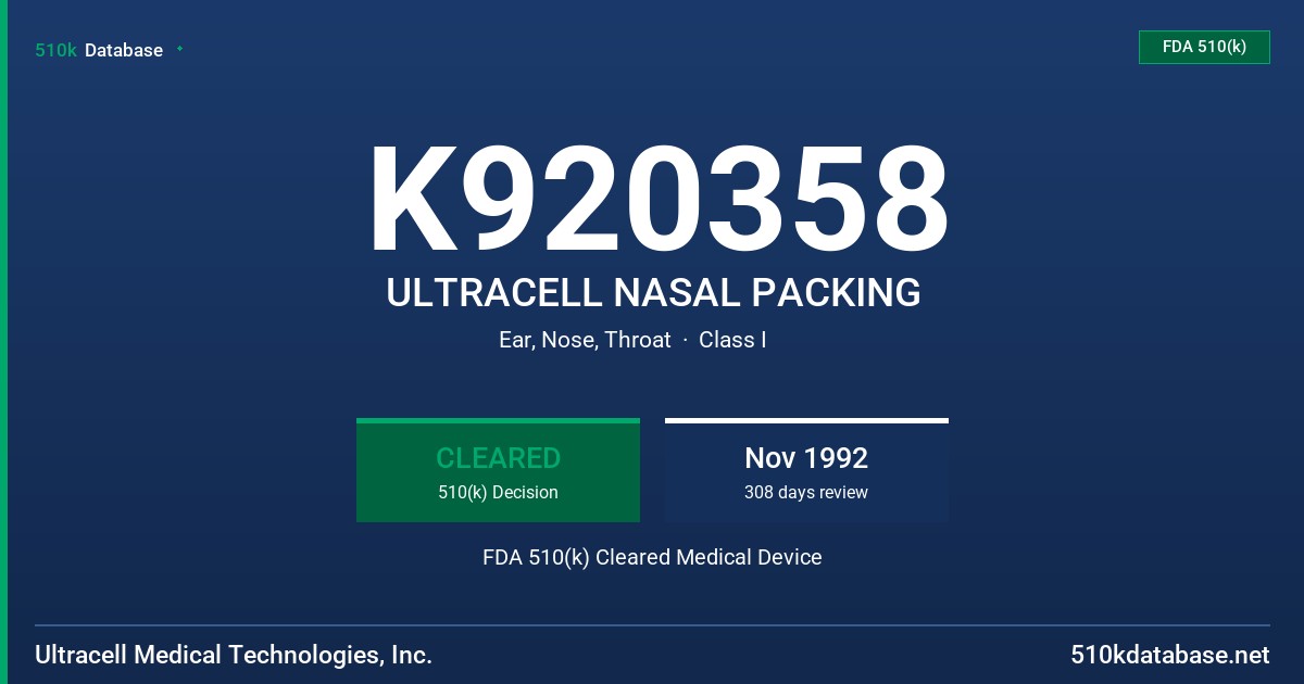 K920358 ULTRACELL NASAL PACKING FDA 510(k) Cleared Medical Device