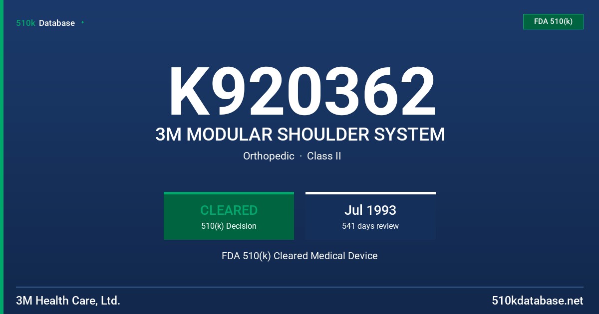 K920362 3M MODULAR SHOULDER SYSTEM FDA 510(k) Cleared Medical Device