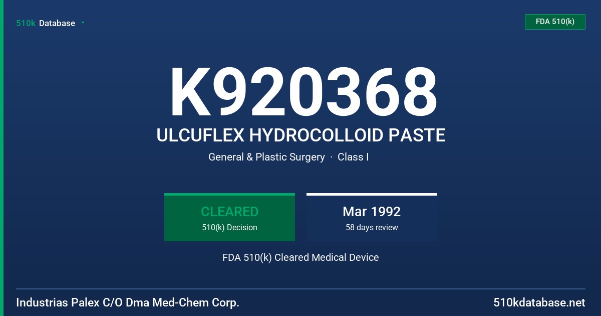 K920368 ULCUFLEX HYDROCOLLOID PASTE FDA 510(k) Cleared Medical Device