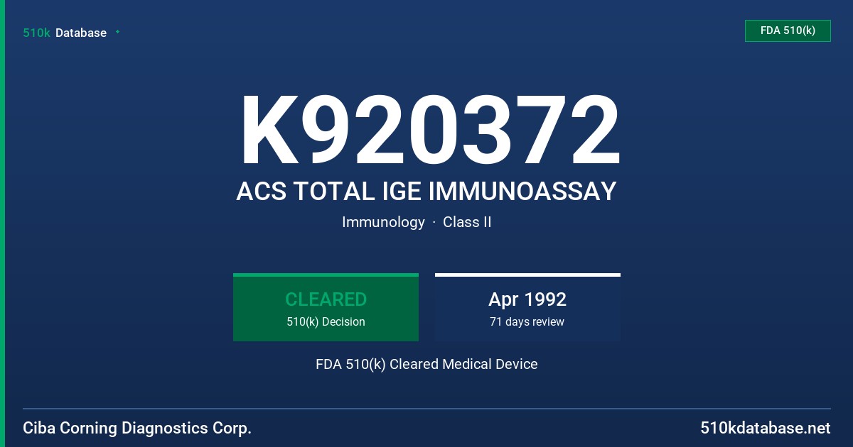 K920372 ACS TOTAL IGE IMMUNOASSAY FDA 510(k) Cleared Medical Device