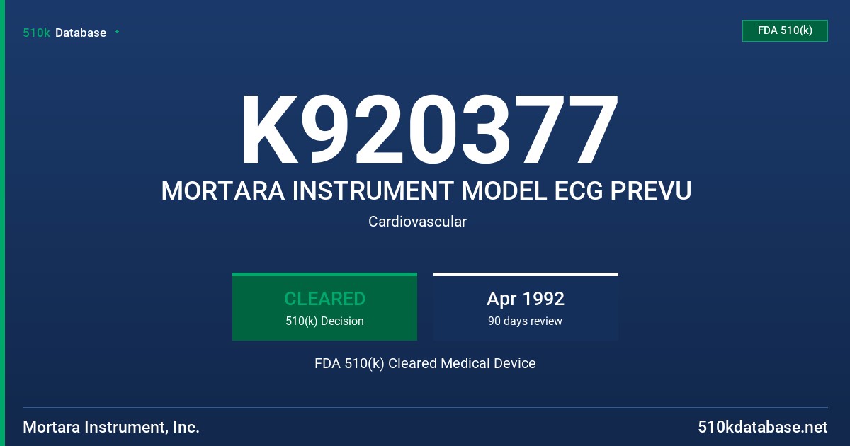 K920377 MORTARA INSTRUMENT MODEL ECG PREVU FDA 510(k) Cleared Medical Device
