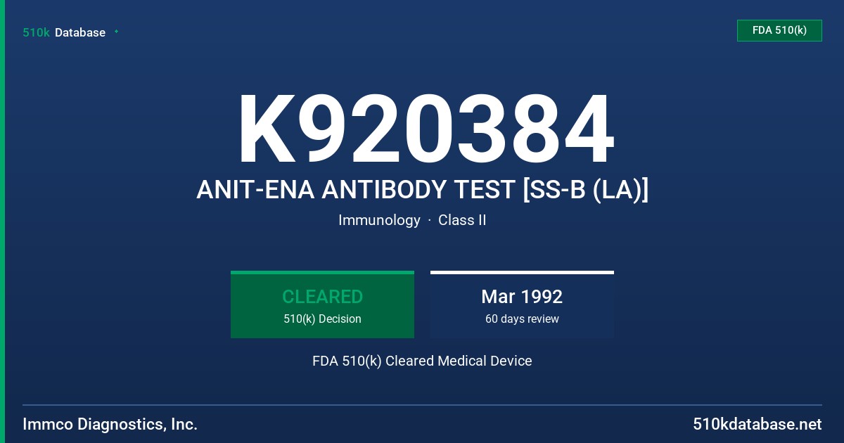 K920384 ANIT-ENA ANTIBODY TEST [SS-B (LA)] FDA 510(k) Cleared Medical Device