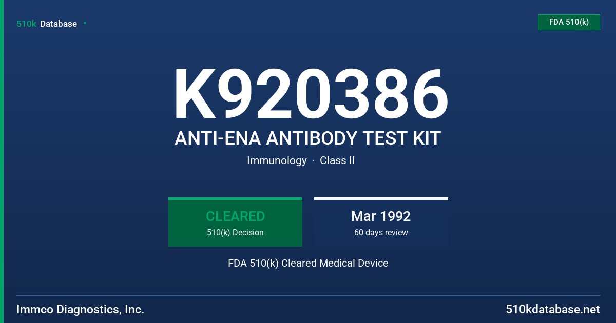 K920386 ANTI-ENA ANTIBODY TEST KIT FDA 510(k) Cleared Medical Device