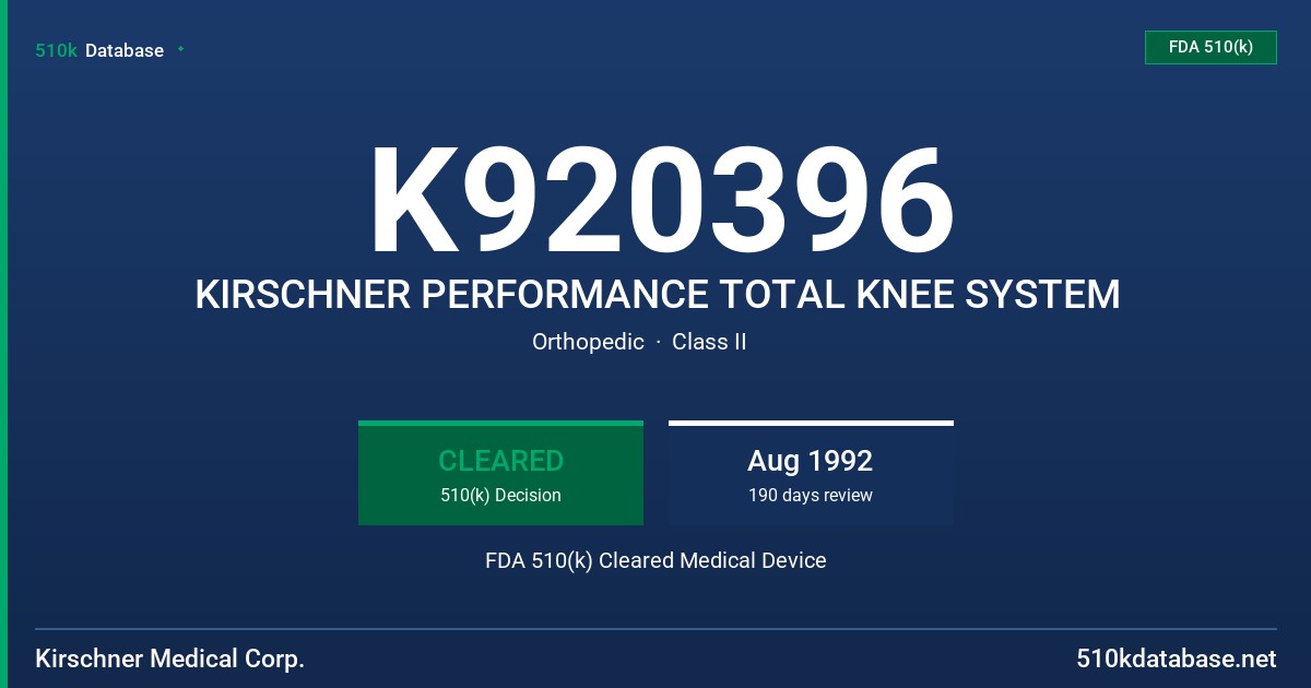 K920396 KIRSCHNER PERFORMANCE TOTAL KNEE SYSTEM FDA 510(k) Cleared Medical Device