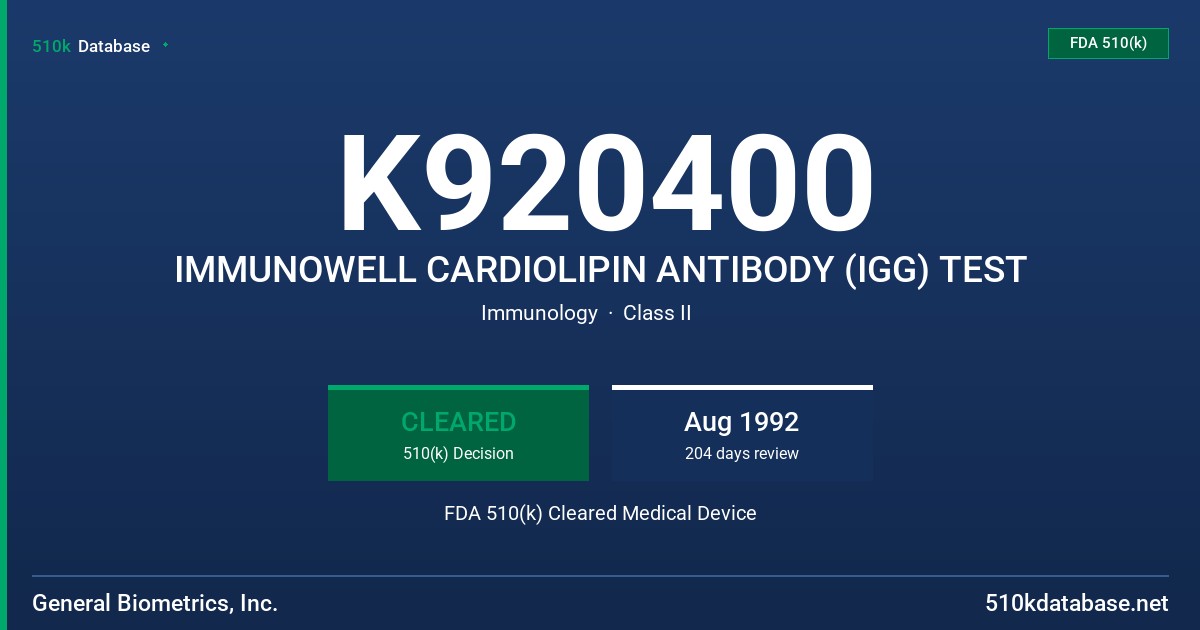 K920400 IMMUNOWELL CARDIOLIPIN ANTIBODY (IGG) TEST FDA 510(k) Cleared Medical Device