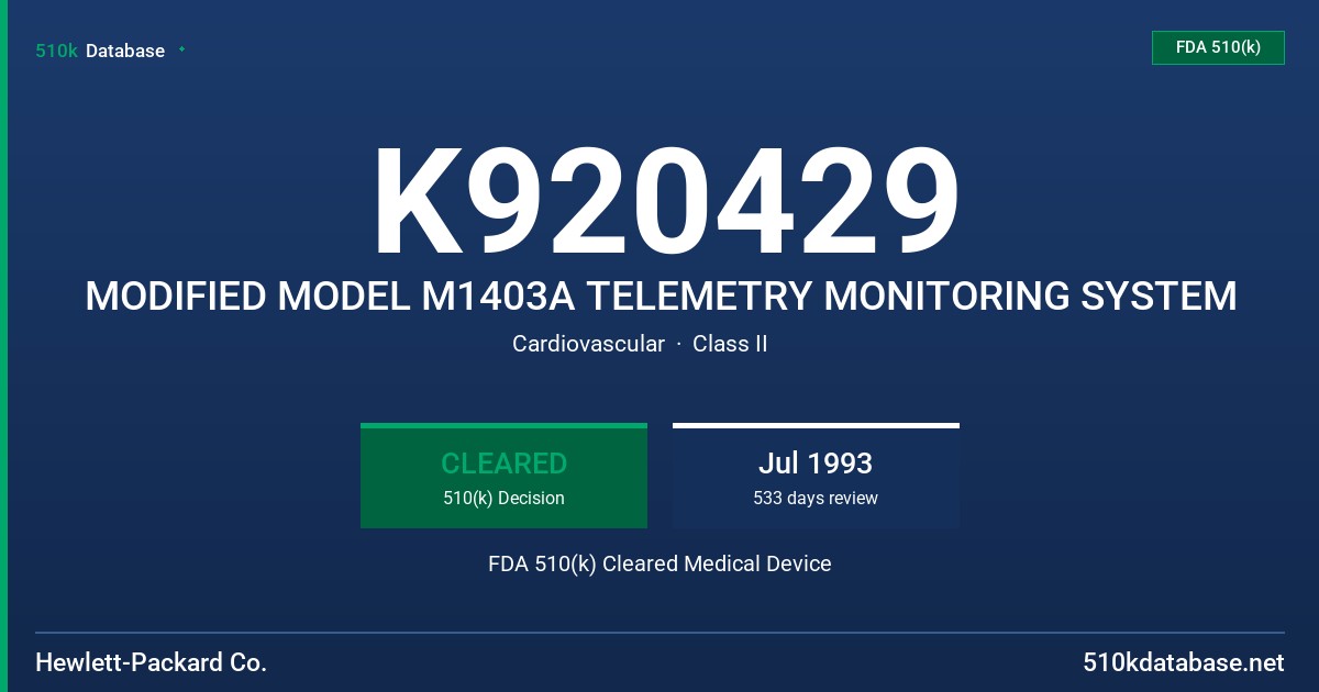 K920429 MODIFIED MODEL M1403A TELEMETRY MONITORING SYSTEM FDA 510(k) Cleared Medical Device