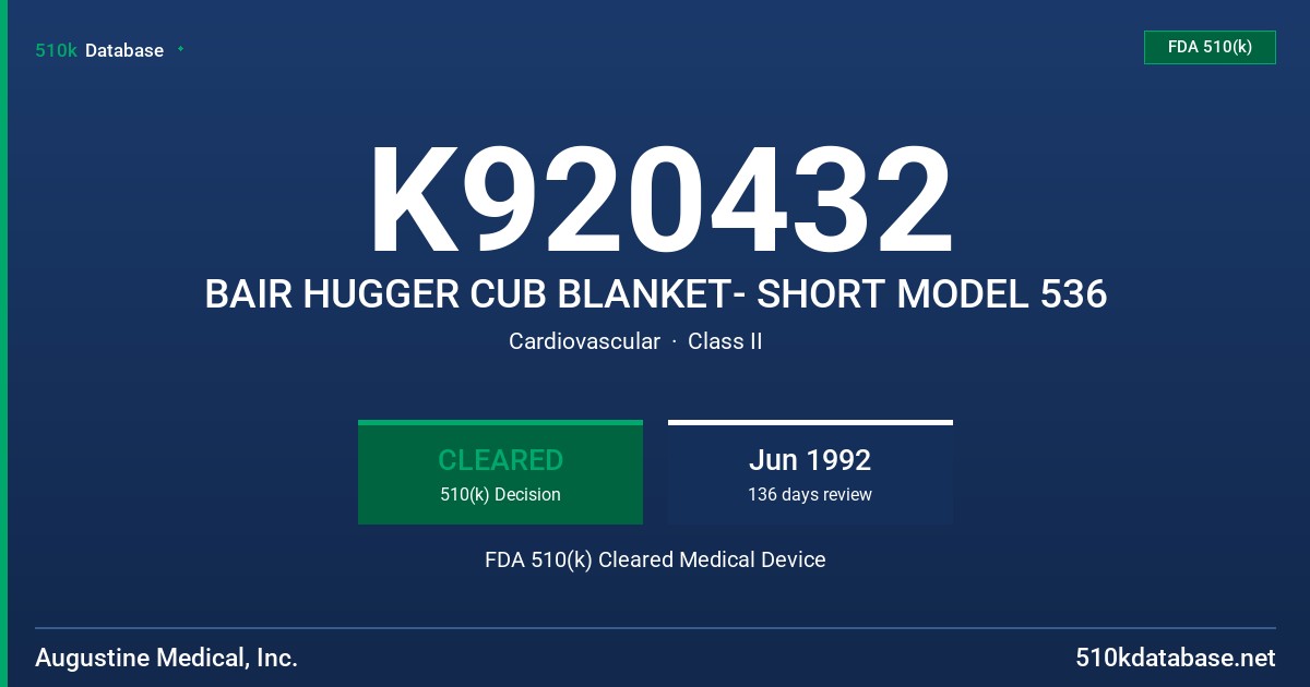 K920432 BAIR HUGGER CUB BLANKET- SHORT MODEL 536 FDA 510(k) Cleared Medical Device
