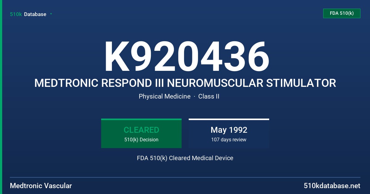 K920436 MEDTRONIC RESPOND III NEUROMUSCULAR STIMULATOR FDA 510(k) Cleared Medical Device