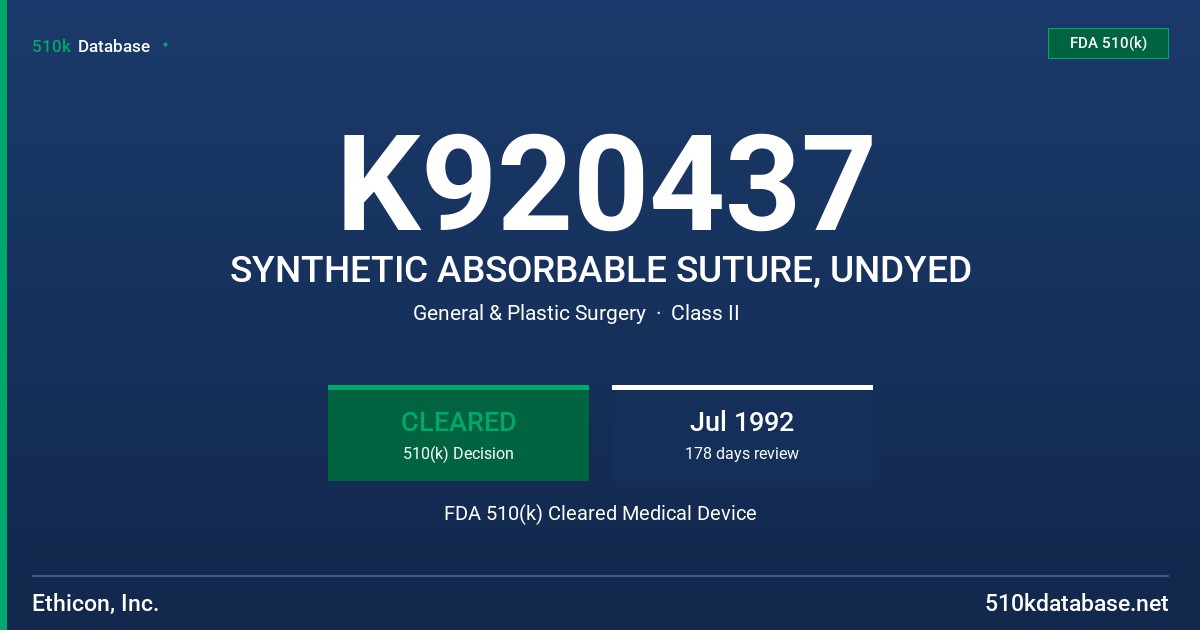 K920437 SYNTHETIC ABSORBABLE SUTURE, UNDYED FDA 510(k) Cleared Medical Device