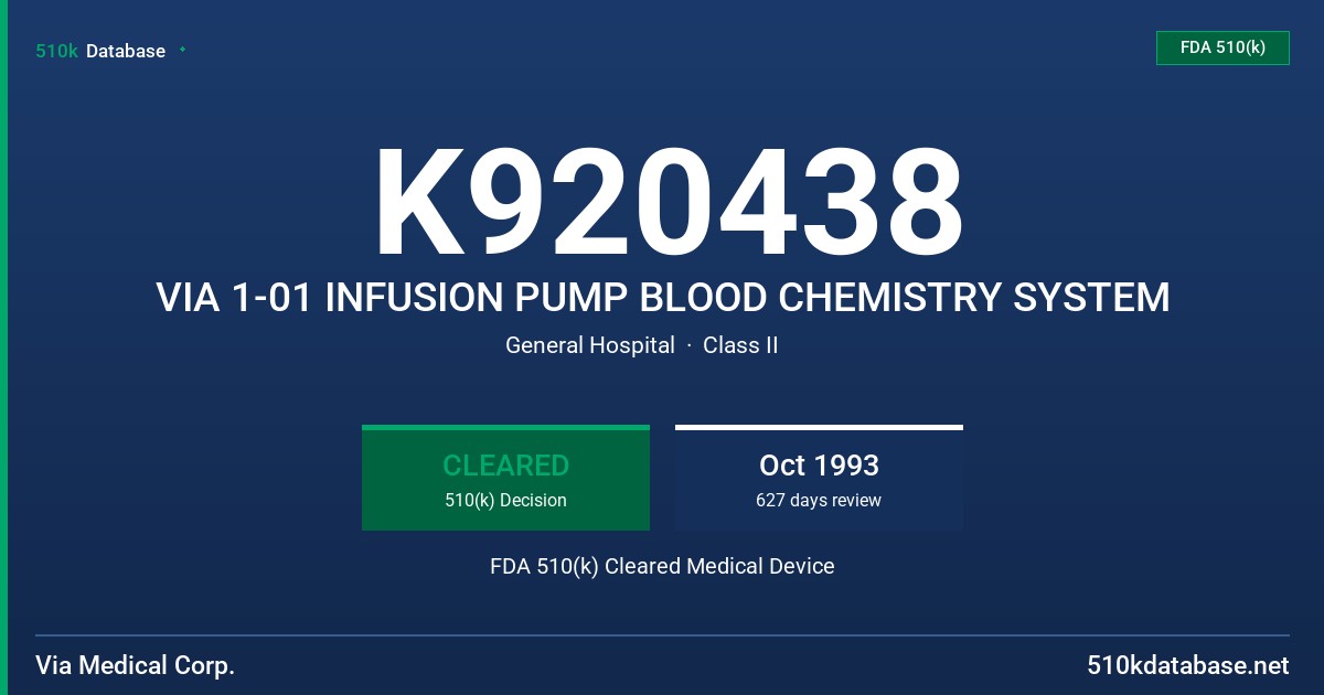 K920438 VIA 1-01 INFUSION PUMP BLOOD CHEMISTRY SYSTEM FDA 510(k) Cleared Medical Device