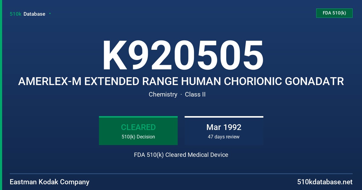 K920505 AMERLEX-M EXTENDED RANGE HUMAN CHORIONIC GONADATR FDA 510(k) Cleared Medical Device