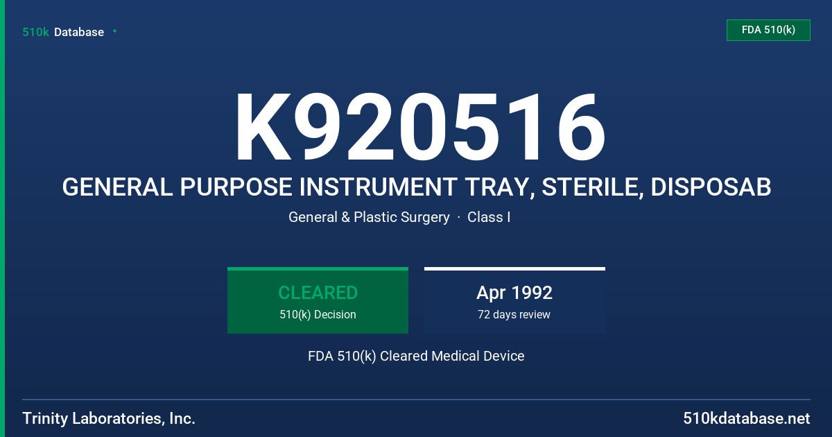 K920516 GENERAL PURPOSE INSTRUMENT TRAY, STERILE, DISPOSAB FDA 510(k) Cleared Medical Device