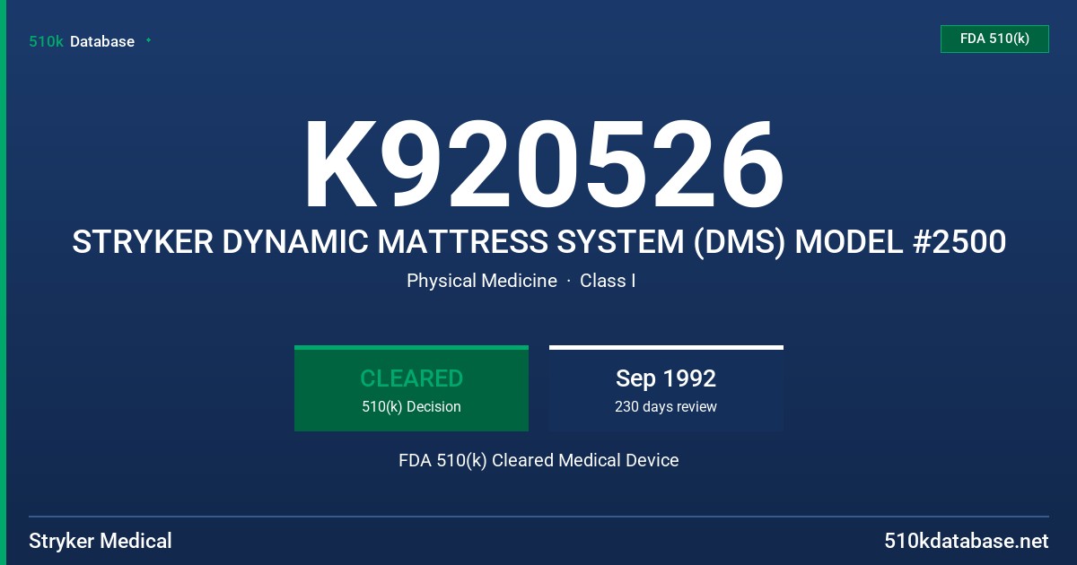 K920526 STRYKER DYNAMIC MATTRESS SYSTEM (DMS) MODEL #2500 FDA 510(k) Cleared Medical Device