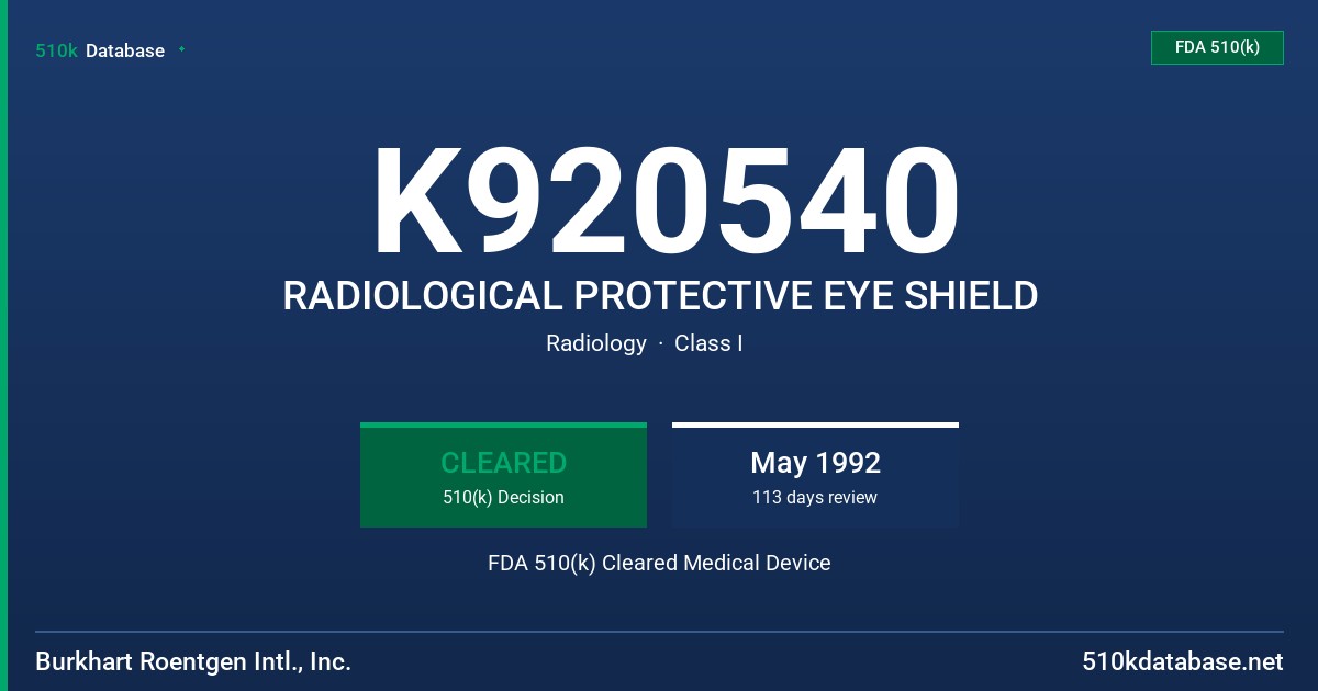 K920540 RADIOLOGICAL PROTECTIVE EYE SHIELD FDA 510(k) Cleared Medical Device