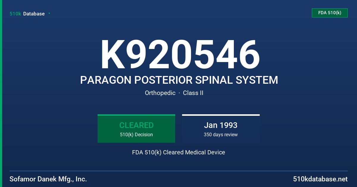 K920546 PARAGON POSTERIOR SPINAL SYSTEM FDA 510(k) Cleared Medical Device