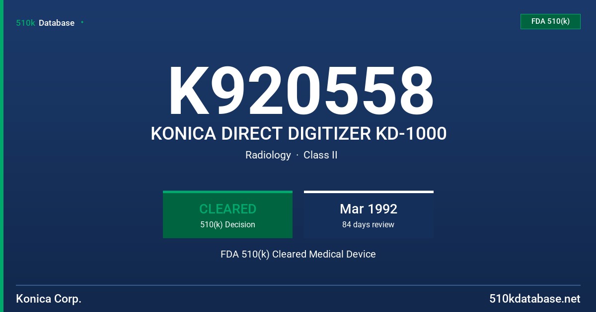 K920558 KONICA DIRECT DIGITIZER KD-1000 FDA 510(k) Cleared Medical Device