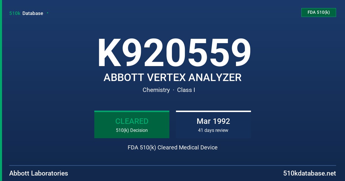 K920559 ABBOTT VERTEX ANALYZER FDA 510(k) Cleared Medical Device