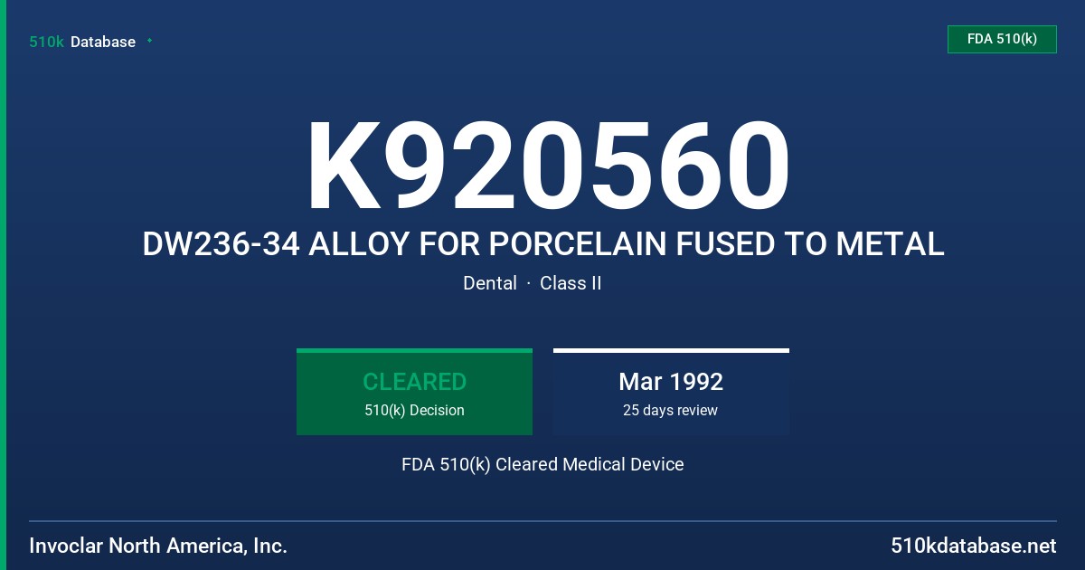 K920560 DW236-34 ALLOY FOR PORCELAIN FUSED TO METAL FDA 510(k) Cleared Medical Device