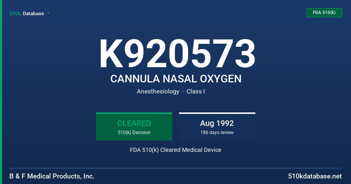 K920573 CANNULA NASAL OXYGEN FDA 510(k) Cleared Medical Device