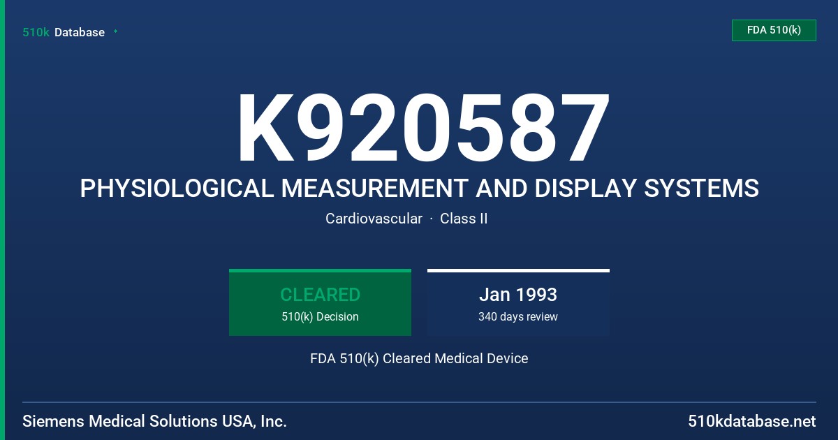 K920587 PHYSIOLOGICAL MEASUREMENT AND DISPLAY SYSTEMS FDA 510(k) Cleared Medical Device