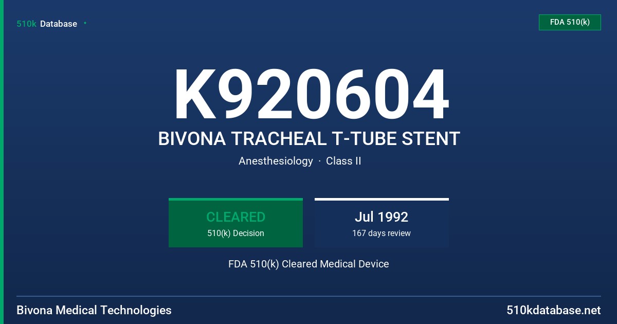 K920604 BIVONA TRACHEAL T-TUBE STENT FDA 510(k) Cleared Medical Device