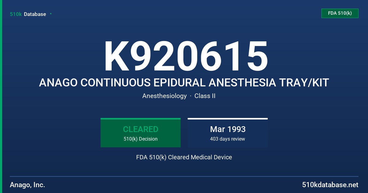 K920615 ANAGO CONTINUOUS EPIDURAL ANESTHESIA TRAY/KIT FDA 510(k) Cleared Medical Device