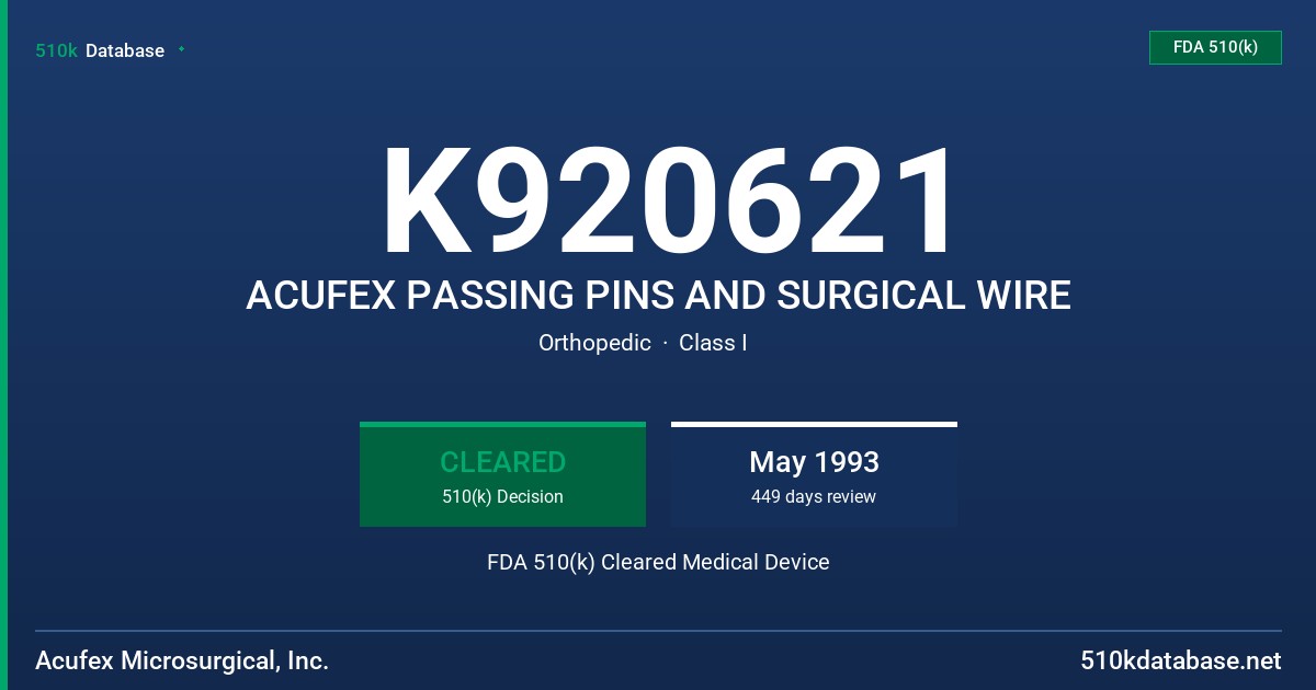 K920621 ACUFEX PASSING PINS AND SURGICAL WIRE FDA 510(k) Cleared Medical Device