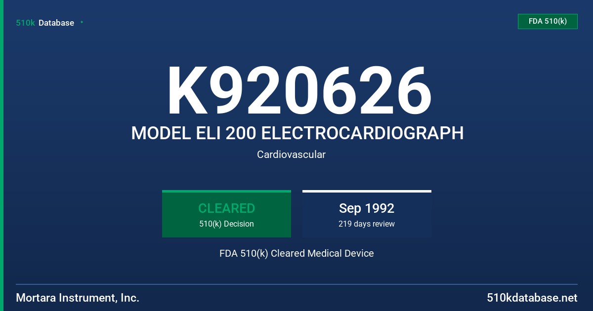 K920626 MODEL ELI 200 ELECTROCARDIOGRAPH FDA 510(k) Cleared Medical Device