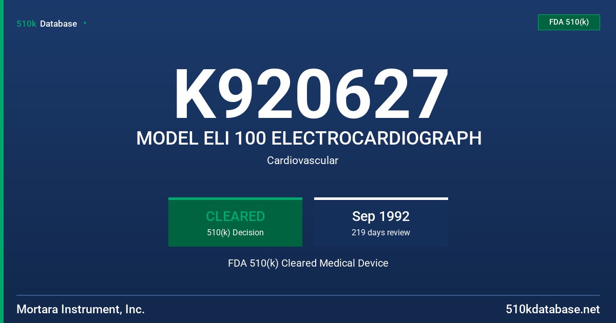 K920627 MODEL ELI 100 ELECTROCARDIOGRAPH FDA 510(k) Cleared Medical Device