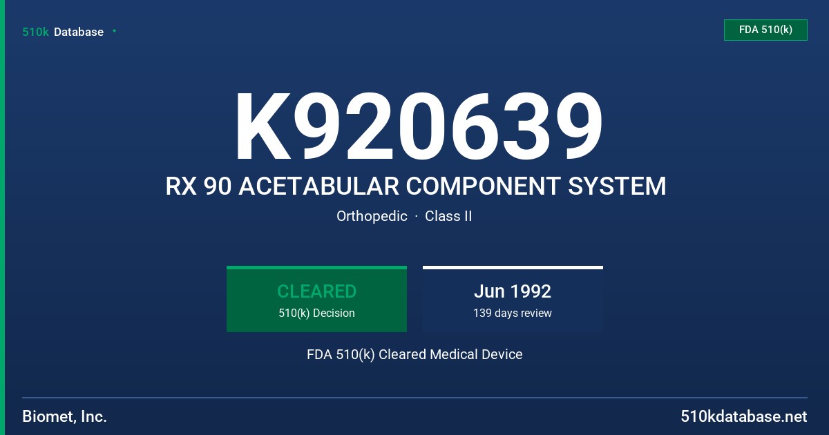 K920639 RX 90 ACETABULAR COMPONENT SYSTEM FDA 510(k) Cleared Medical Device