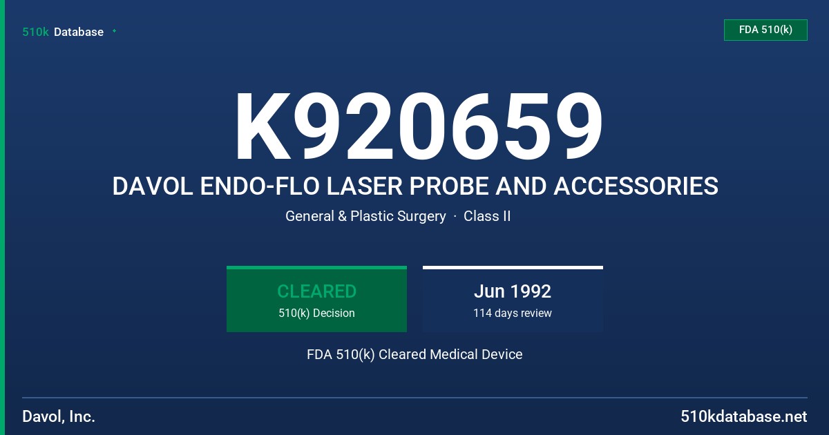 K920659 DAVOL ENDO-FLO LASER PROBE AND ACCESSORIES FDA 510(k) Cleared Medical Device