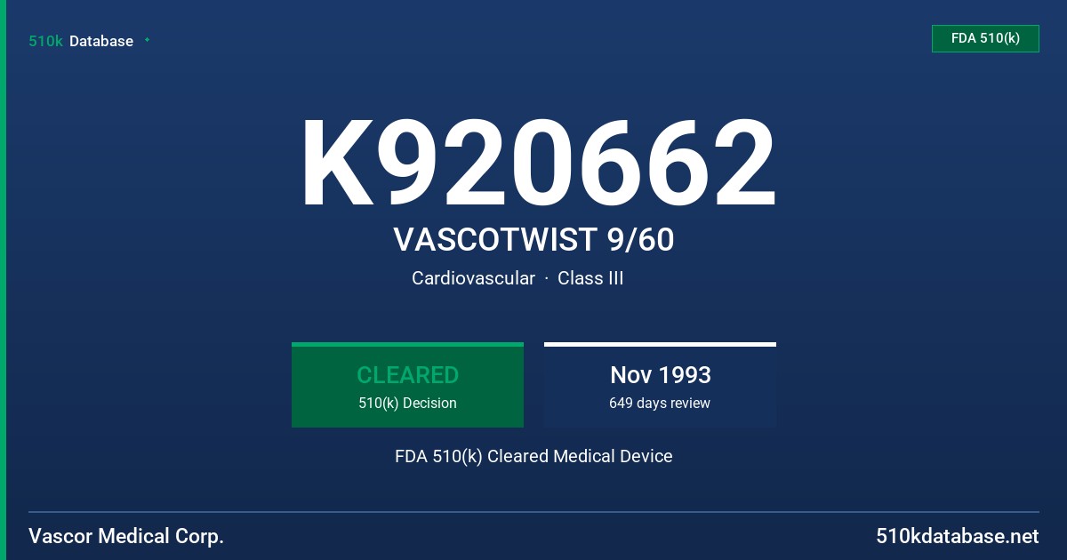 K920662 VASCOTWIST 9/60 FDA 510(k) Cleared Medical Device
