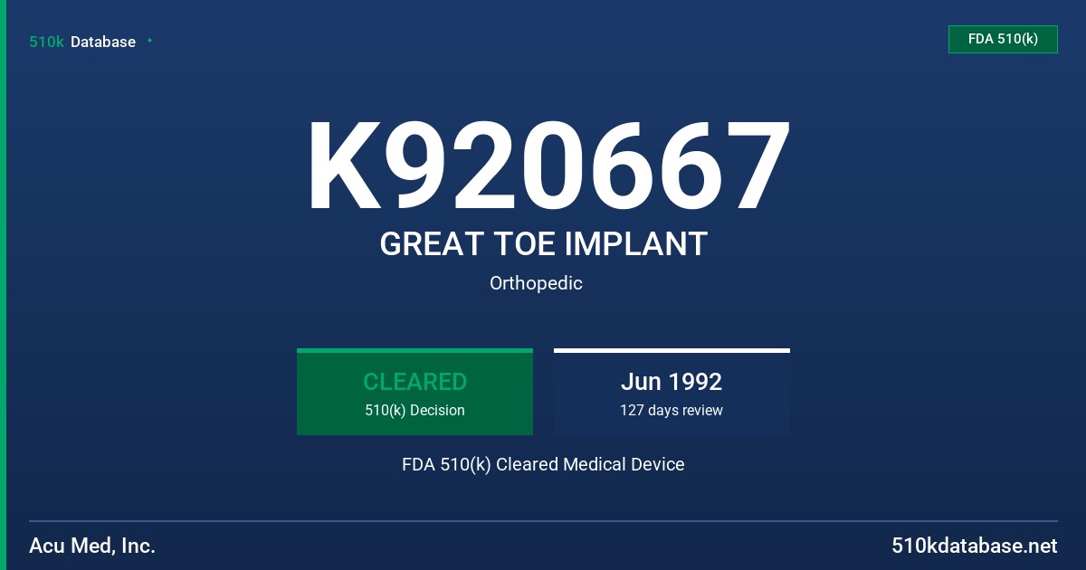 K920667 GREAT TOE IMPLANT FDA 510(k) Cleared Medical Device