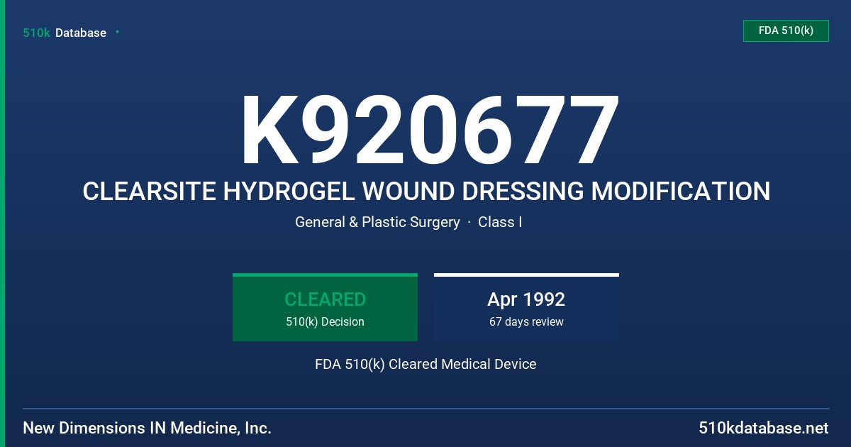 K920677 CLEARSITE HYDROGEL WOUND DRESSING MODIFICATION FDA 510(k) Cleared Medical Device