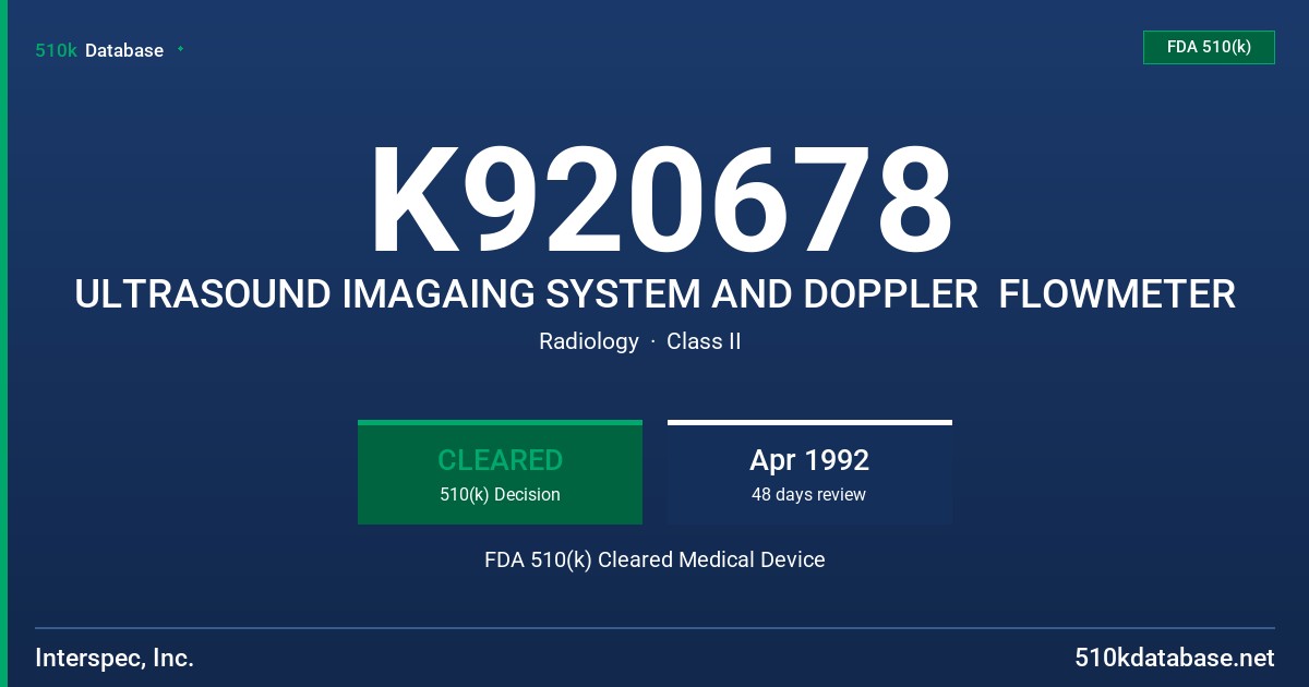 K920678 ULTRASOUND IMAGAING SYSTEM AND DOPPLER  FLOWMETER FDA 510(k) Cleared Medical Device